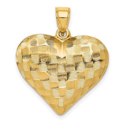 14K Yellow Gold Polished Basket Weave Pattern 3-D Heart Pendant
