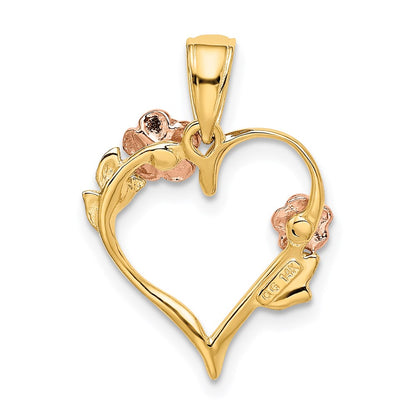 14K Two-Tone And White Rhodium Polished Flower Heart Pendant
