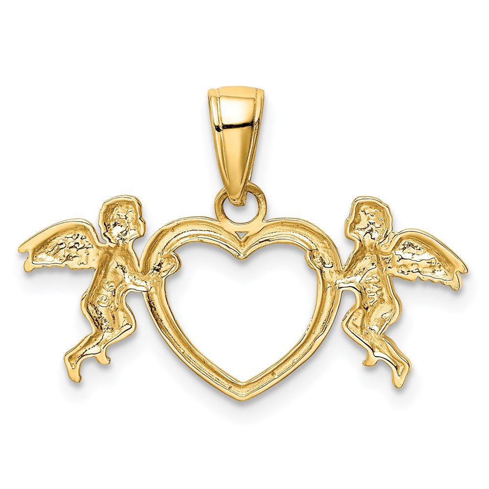 14K Yellow Gold Flying Cherubs Holding Heart Pendant