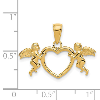 14K Yellow Gold Flying Cherubs Holding Heart Pendant