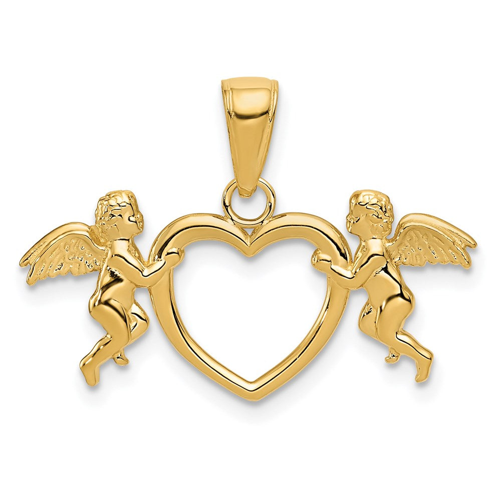14K Yellow Gold Flying Cherubs Holding Heart Pendant