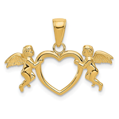 14K Yellow Gold Flying Cherubs Holding Heart Pendant