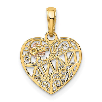14K Two-Tone Polished Nana W/Flower On Heart Pendant