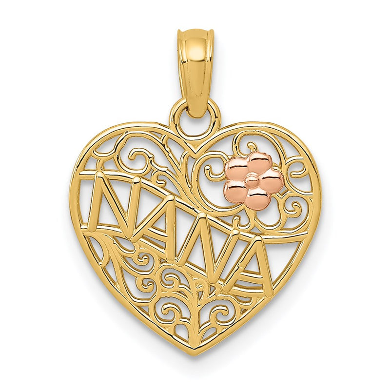 14K Two-Tone Polished Nana W/Flower On Heart Pendant