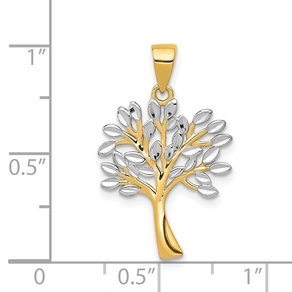 14K Yellow & Rhodium W/Rhodium Diamond Cut Tree Pendant