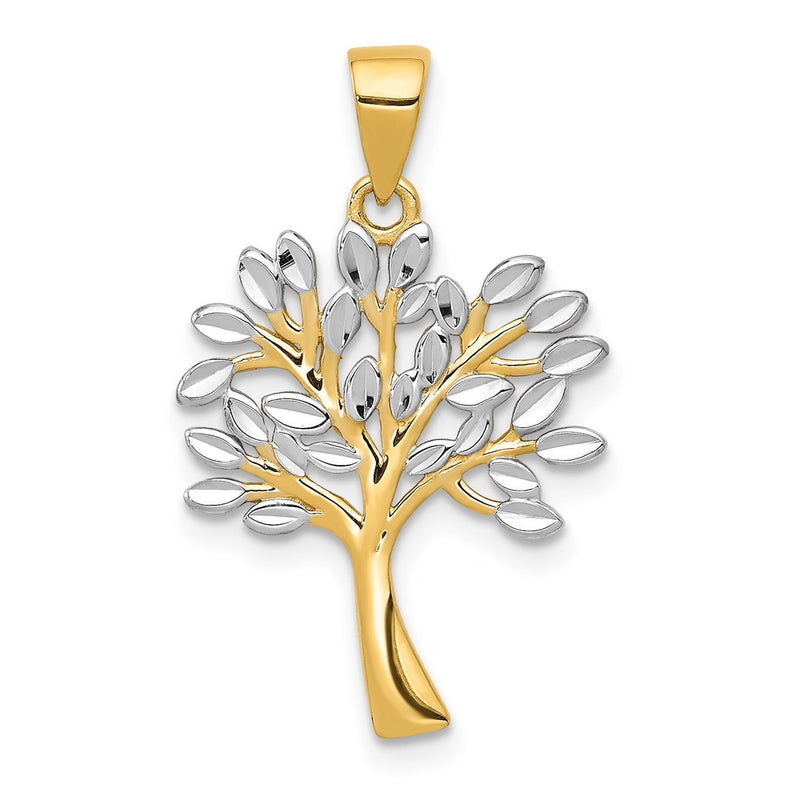 14K Yellow & Rhodium W/Rhodium Diamond Cut Tree Pendant