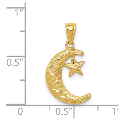 14K Yellow Gold Polished And Textured Moon Stars Pendant