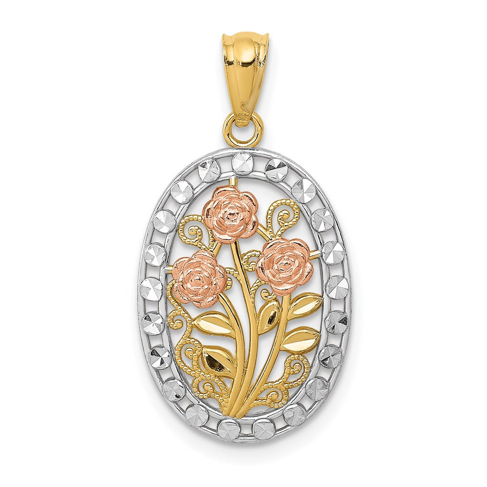 14K Two-Tone Yellow And Rose Gold W/White Rhodium Oval 3 Pendant