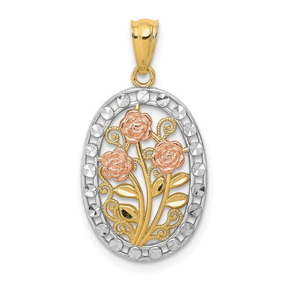 14K Two-Tone Yellow And Rose Gold W/White Rhodium Oval 3 Pendant