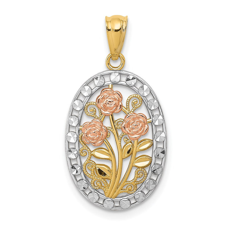 14K Two-Tone Yellow And Rose Gold W/White Rhodium Oval 3 Pendant
