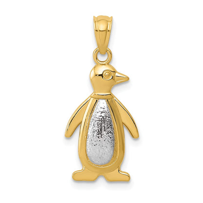 14K Two-Tone Yellow And White Gold Polished/Textured Penguin Pendant