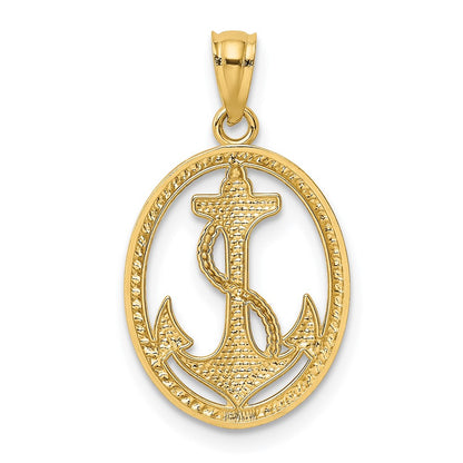 14K Yellow Gold Polished Anchor W/Rope Oval Pendant