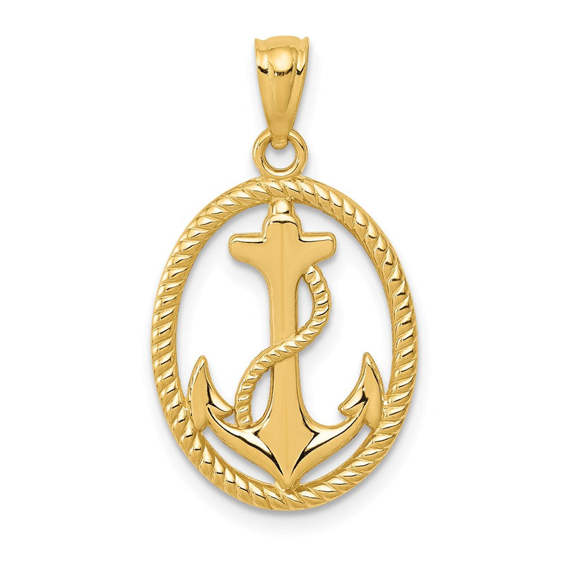 14K Yellow Gold Polished Anchor W/Rope Oval Pendant