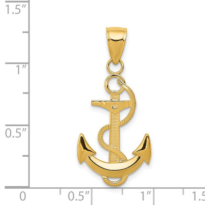 14K Yellow Gold Polished Anchor With Textured Rope Pendant