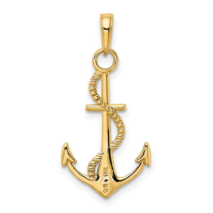 14K Yellow Gold Polished Anchor W/Rope Pendant
