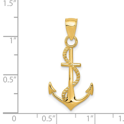 14K Yellow Gold Polished Anchor W/Rope Pendant