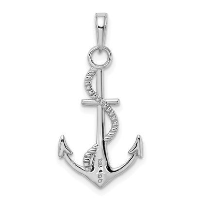 14K White Gold Polished Anchor W/Rope Pendant