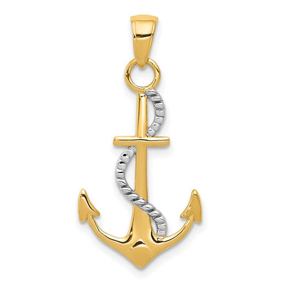 14K Two-Tone Polished Anchor W/Rope Pendant