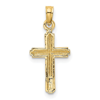 14K Yellow Gold Polished Cross With Stripped Border Pendant