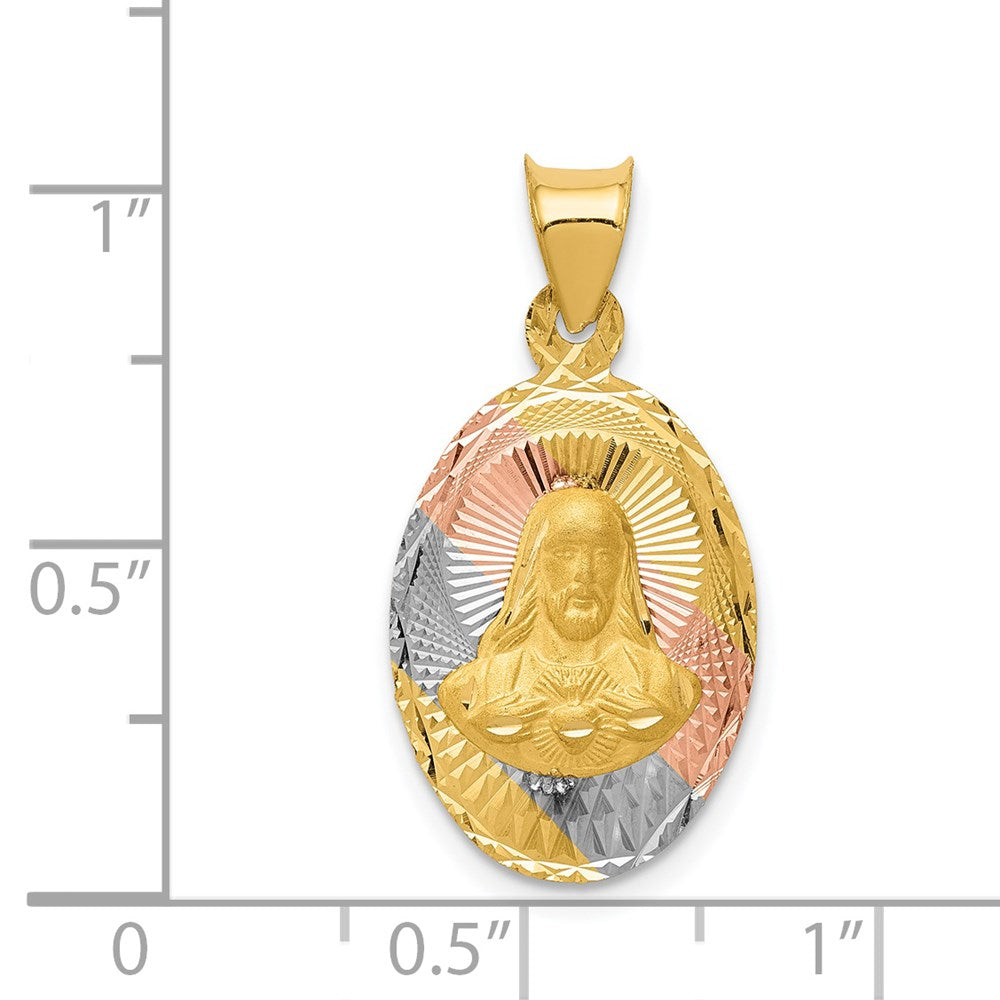 14K Yellow & Rhodium W/Rose And White D/C Sagrado Corazon Oval Pendant