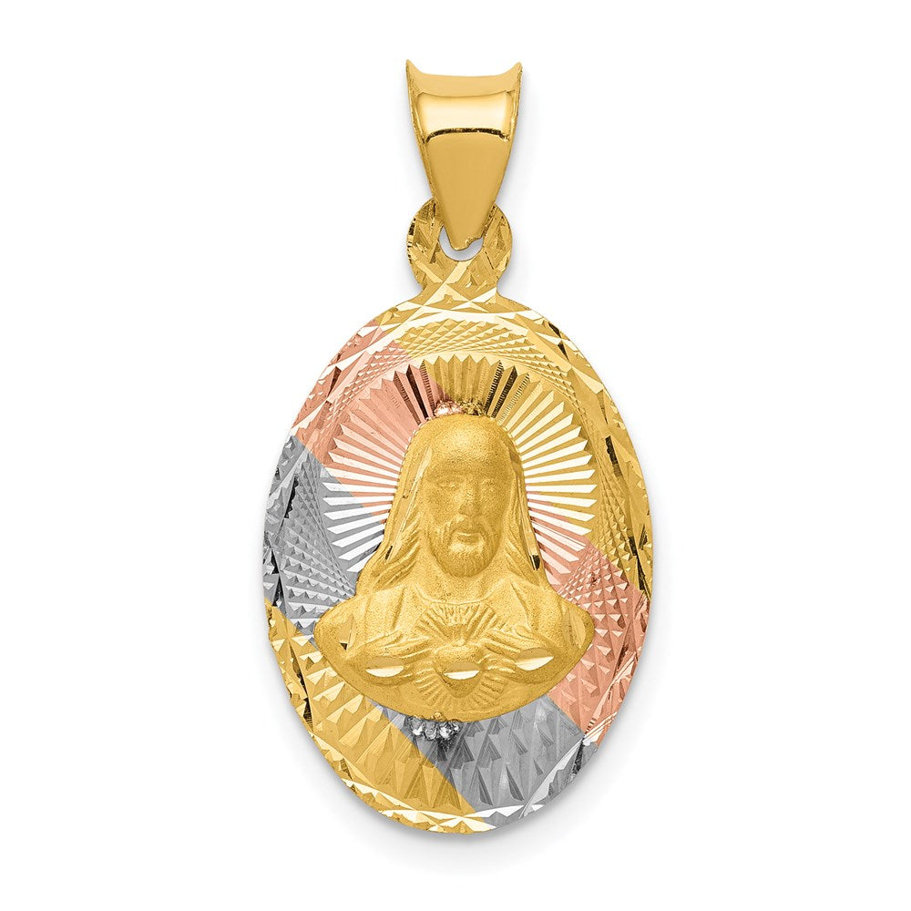 14K Yellow & Rhodium W/Rose And White D/C Sagrado Corazon Oval Pendant