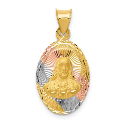 14K Yellow & Rhodium W/Rose And White D/C Sagrado Corazon Oval Pendant