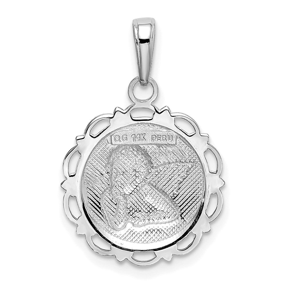 14k White Gold Polished Angel/Cherub on Round Scallop Frame Pendant