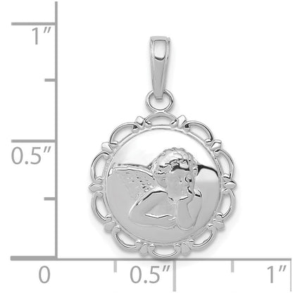 14k White Gold Polished Angel/Cherub on Round Scallop Frame Pendant