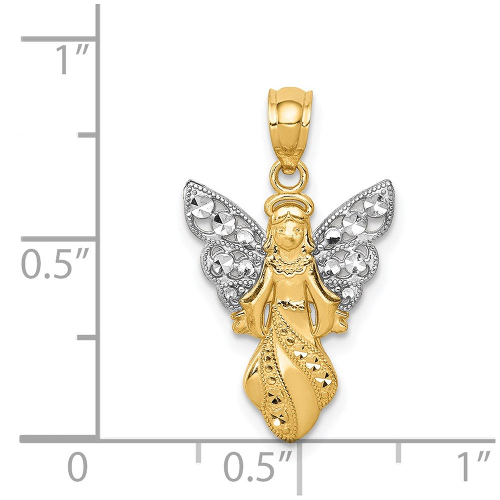 14K Yellow & Rhodium W/Rhodium Polished / Textured Angel Pendant