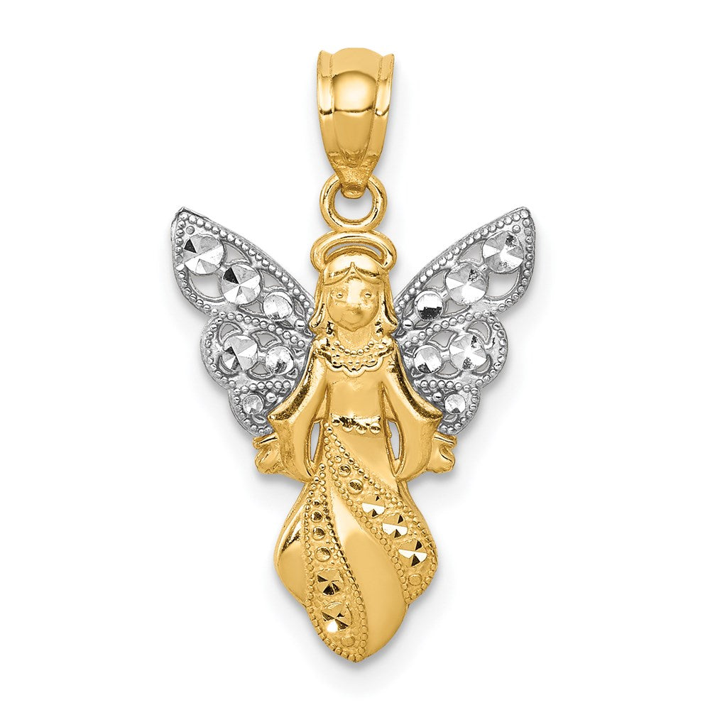 14K Yellow & Rhodium W/Rhodium Polished / Textured Angel Pendant