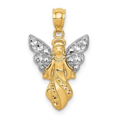 14K Yellow & Rhodium W/Rhodium Polished / Textured Angel Pendant