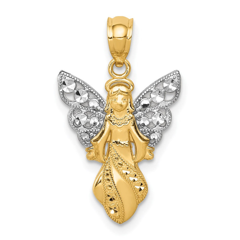 14K Yellow & Rhodium W/Rhodium Polished / Textured Angel Pendant