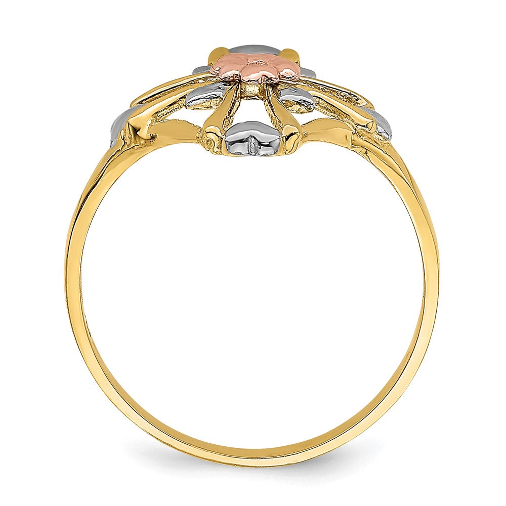 14K Two Tone White Rhodium Polished Cross Flower Ring
