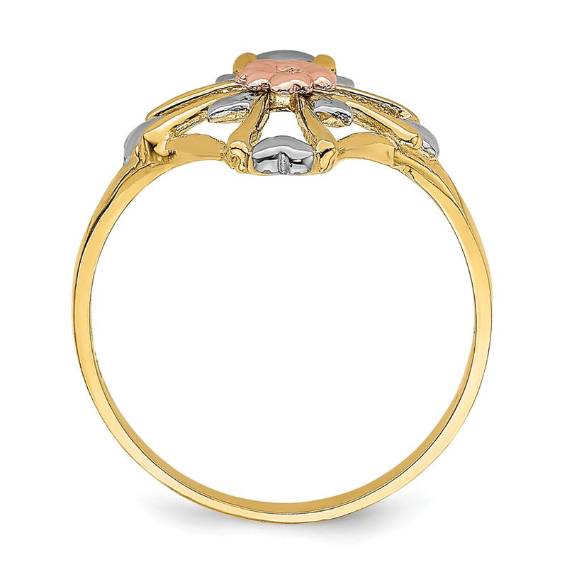 14K Two Tone White Rhodium Polished Cross Flower Ring