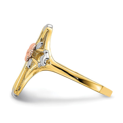 14K Two Tone White Rhodium Polished Cross Flower Ring