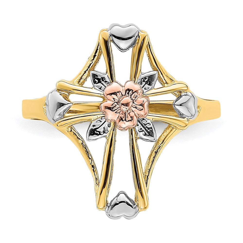 14K Two Tone White Rhodium Polished Cross Flower Ring