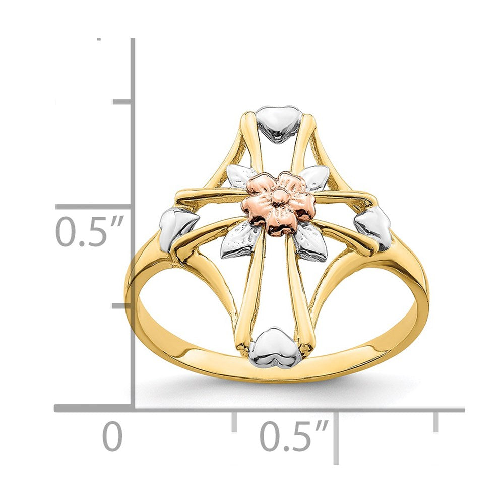 14K Two Tone White Rhodium Polished Cross Flower Ring