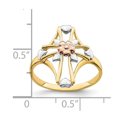 14K Two Tone White Rhodium Polished Cross Flower Ring