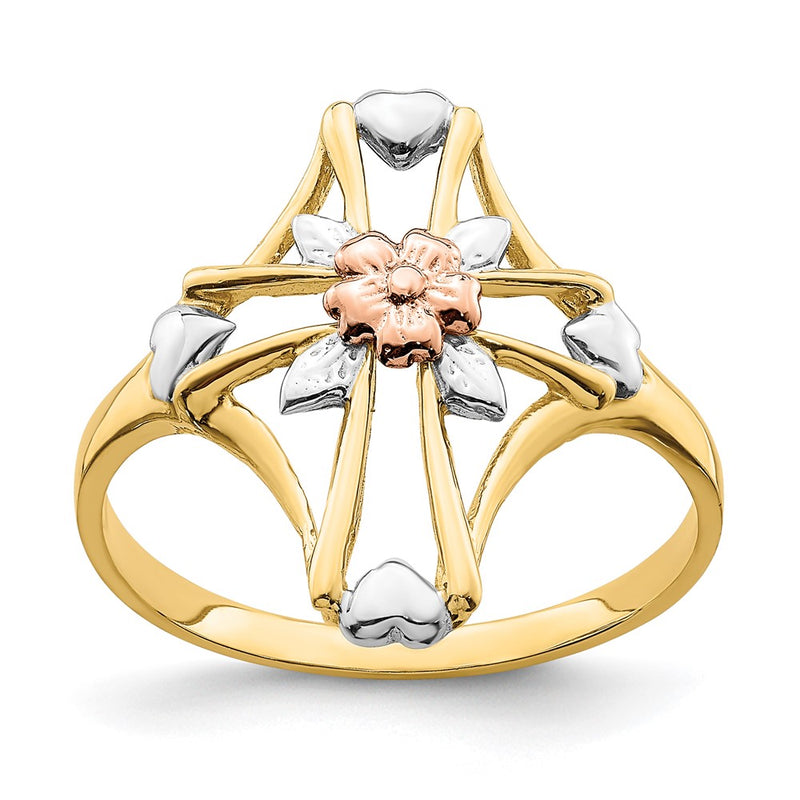 14K Two Tone White Rhodium Polished Cross Flower Ring