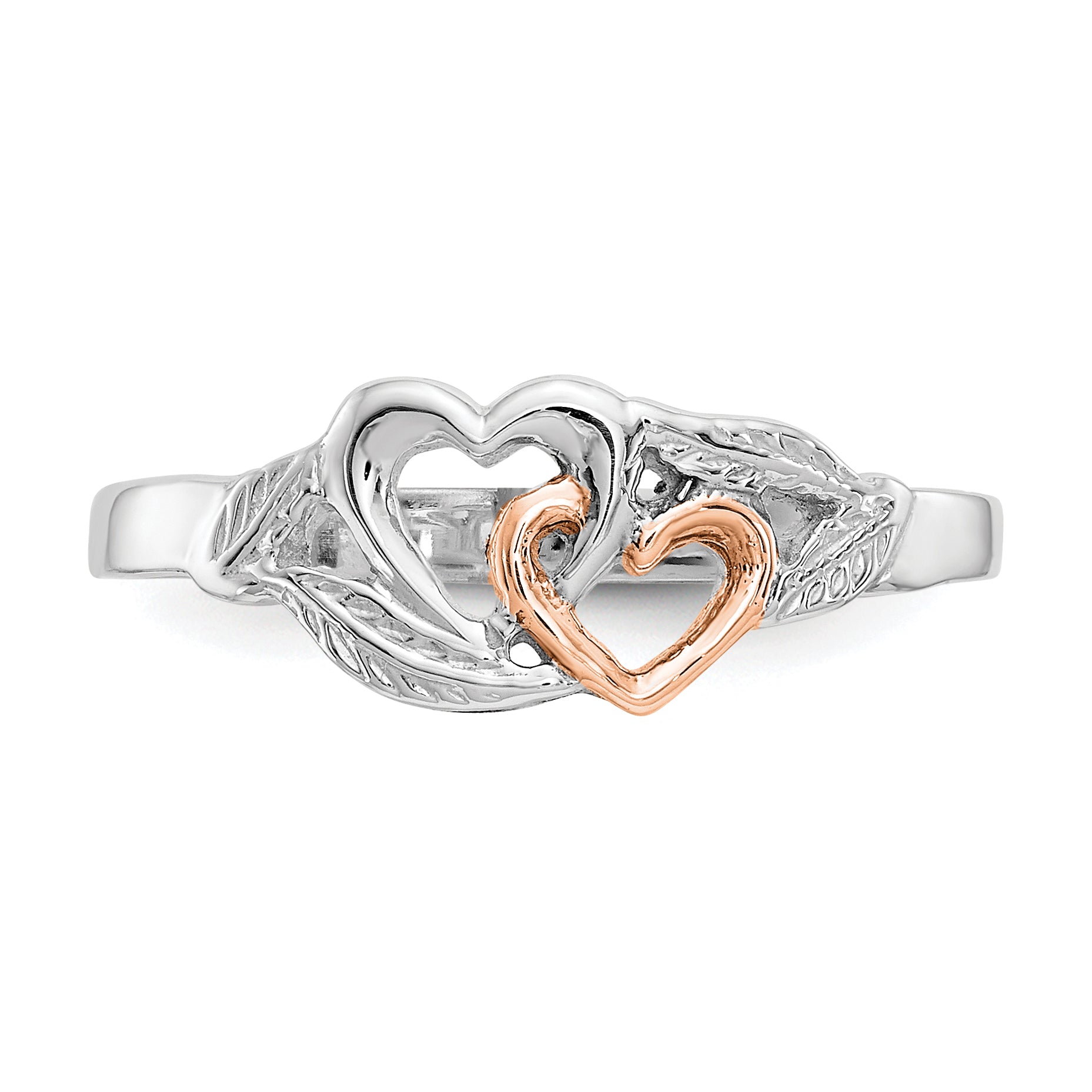 14K White Gold And Rose Plated Polished Hearts Leaves Ring