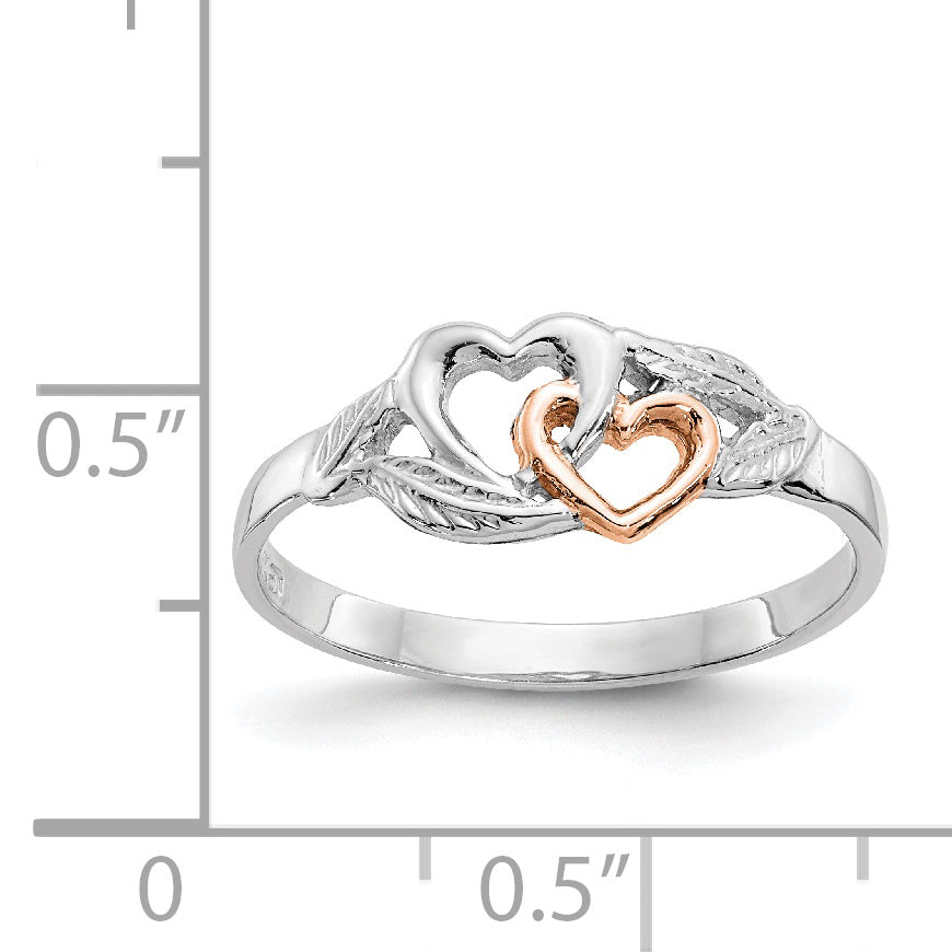 14K White Gold And Rose Plated Polished Hearts Leaves Ring