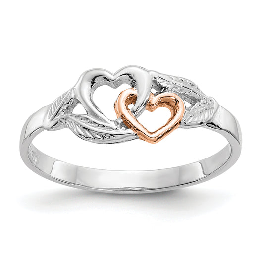 14K White Gold And Rose Plated Polished Hearts Leaves Ring
