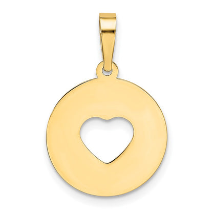 14K Yellow Gold Polished Cut-Out Heart Circle Disc Pendant