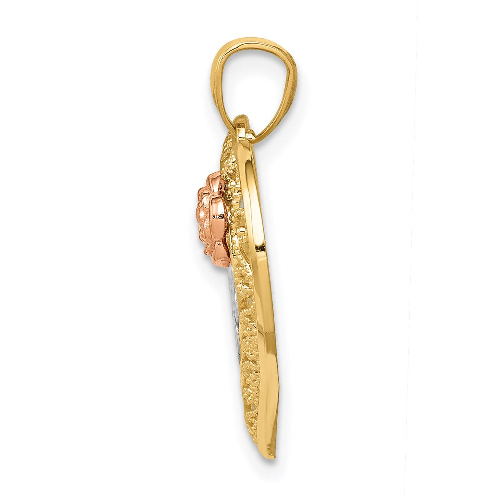 14K Two-Tone W/White Rhodium D/C Mom In Heart W/Rose Pendant