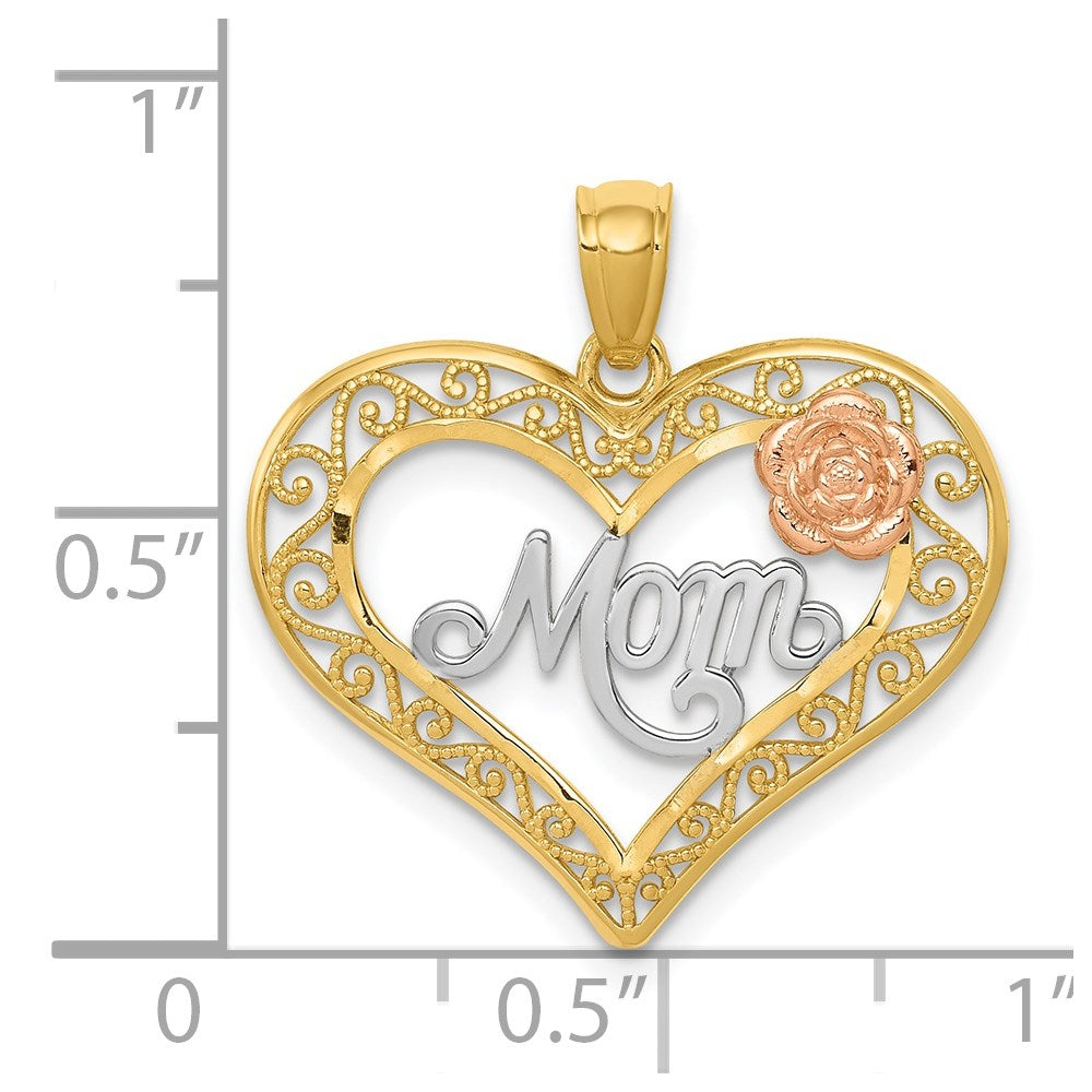 14K Two-Tone W/White Rhodium D/C Mom In Heart W/Rose Pendant