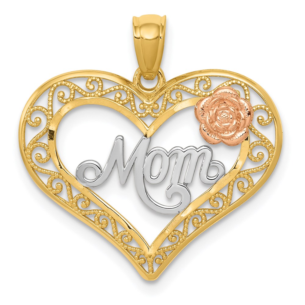 14K Two-Tone W/White Rhodium D/C Mom In Heart W/Rose Pendant