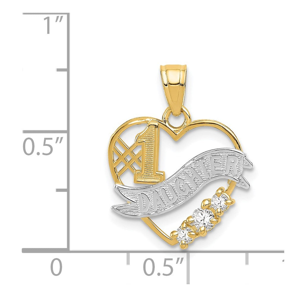 14K Yellow & Rhodium W/Rhodium Cz #1 Daughter Heart Pendant