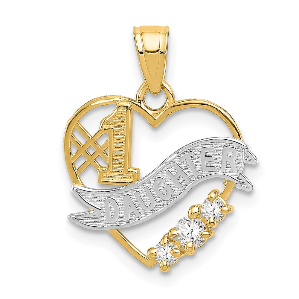 14K Yellow & Rhodium W/Rhodium Cz #1 Daughter Heart Pendant