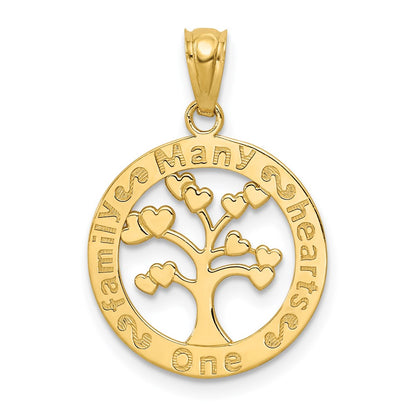 14K Yellow Gold Polished One Family Many Hearts Tree Pendant
