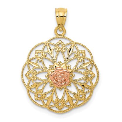 14K Two-Tone Yellow And Rose Polished In Round Filigree Charm
